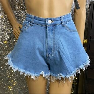 Frayed Hem Flare Denim Shorts